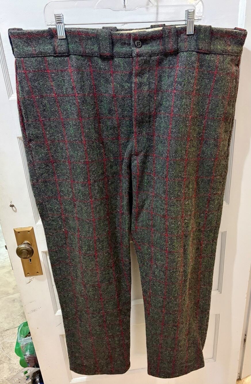 VTG Johnson Woolen Mills Men's Size 42 X 30 Wool Windowpane Gray Plaid Pants USA